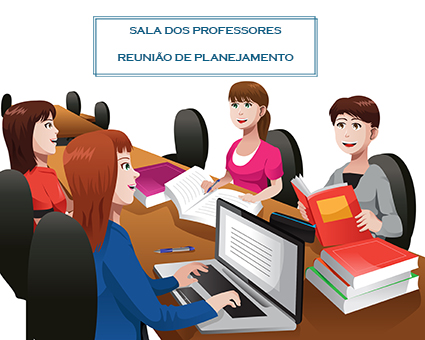 Ilustração de quatro jovens sentados à mesa de reunião. Sobre a mesa, notebook, estojo, pilha de livros. Na parte superior da imagem, os dizeres: sala dos professores, reunião de planejamento.
